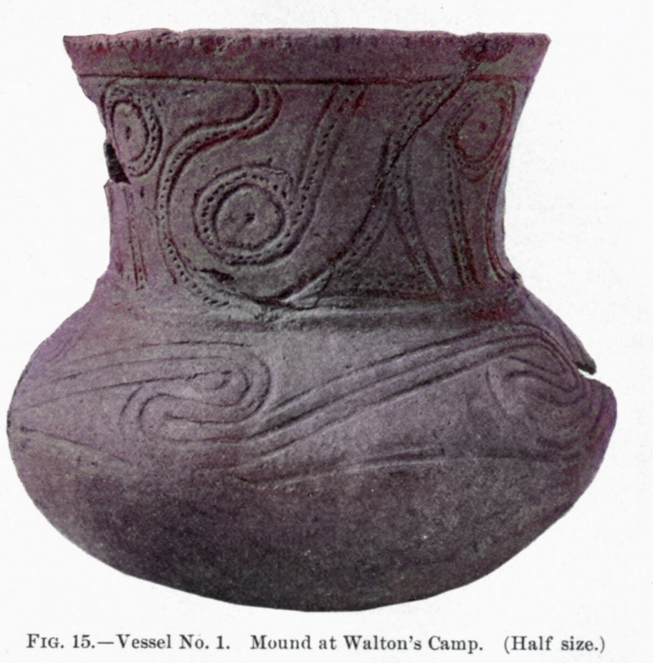 Pottery vessel excavated from mounds at Fort Walton, Florida by C. B. Moore around 1899.  Photo courtesy Dr Greg Little, author of the Illustrated Encyclopedia of Native American Indian Mounds & Earthworks (2016). 
